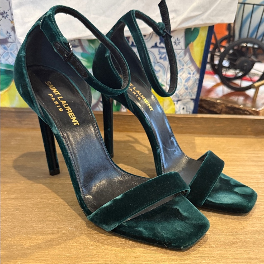 Saint Laurent Dark Green Velvet Heels